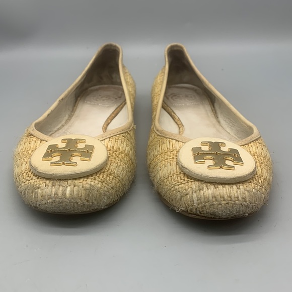 TORY BURCH Reva Raffia White Straw Natural Woven Gold Logo Ballet Flat Size 8 - Picture 3 of 6